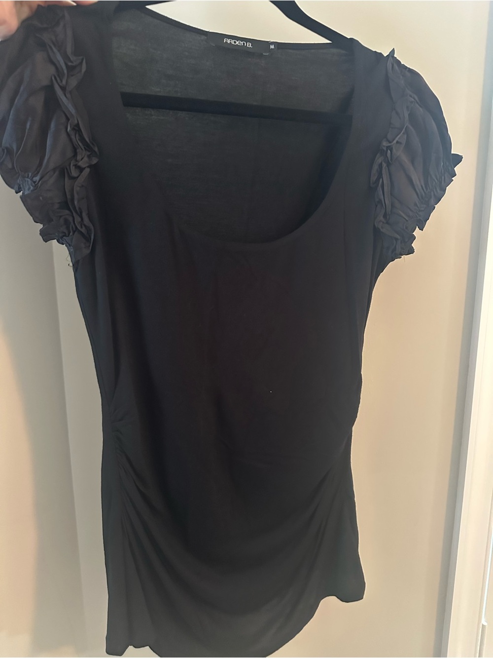 Arden B Black Scoop Neck Tee with Ruched Puff Sleeves